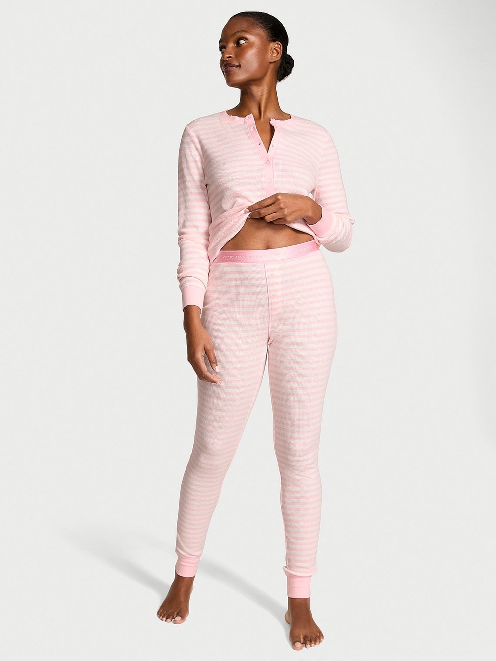 Victoria's Secret NEW pink striped Henley pajama set Size Medium | Cozy Fall PJs - Picture 4 of 12